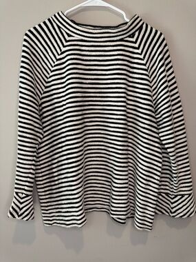 LOFT Black White Striped Sweater Bell Sleeve Mock Neck Size Large 100% cotton